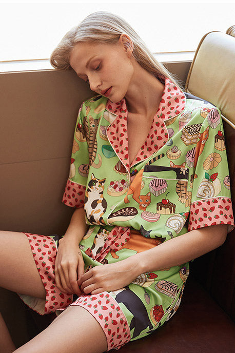Coffee Cat Shorts Pajama Set-ROVOLE