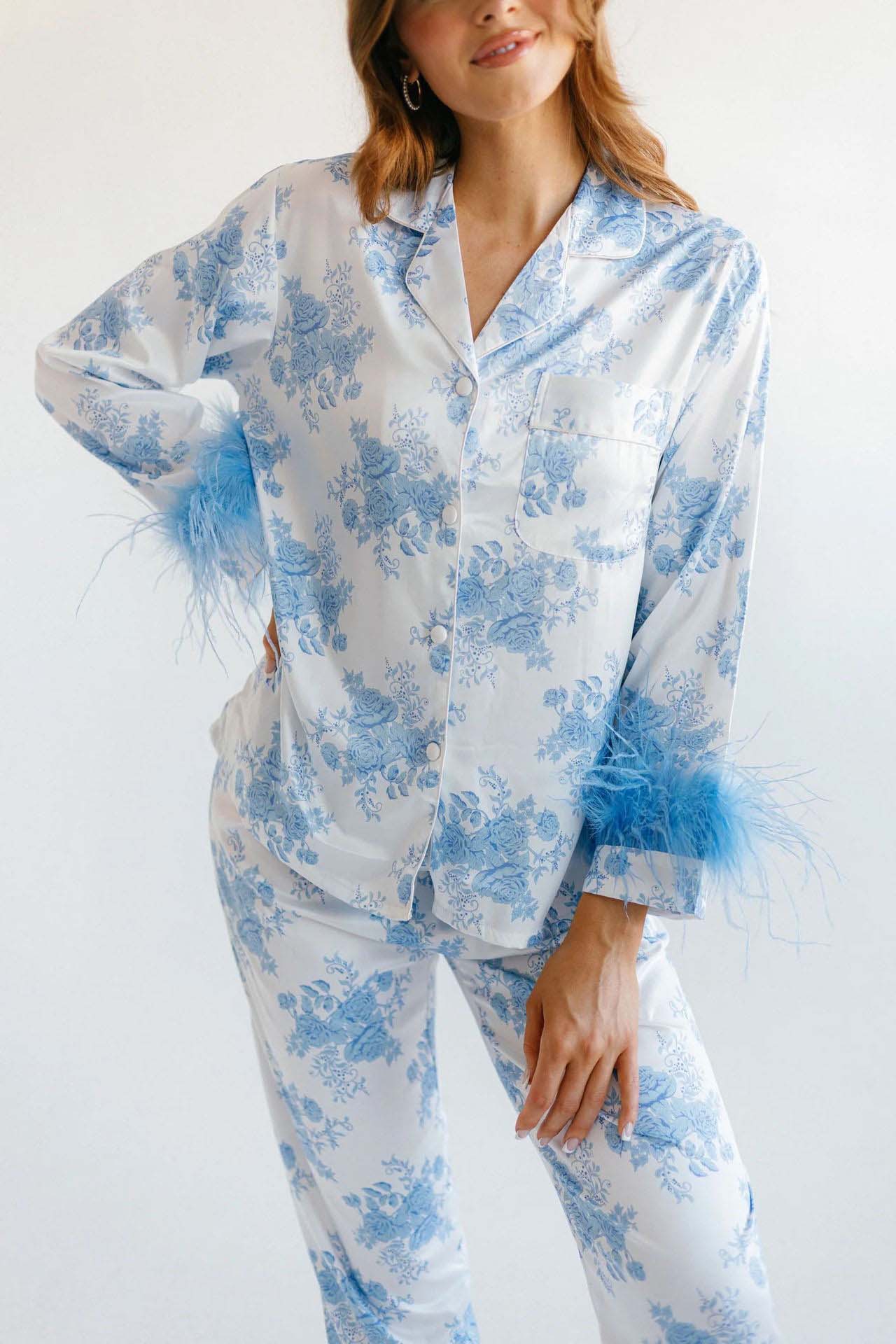 Blue Floral Print Satin Pajama Set-ROVOLE