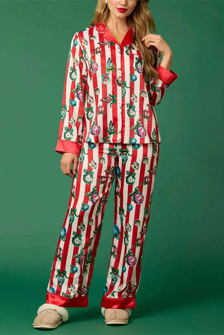 Christmas Festive Stripe Print Pajama Set-ROVOLE