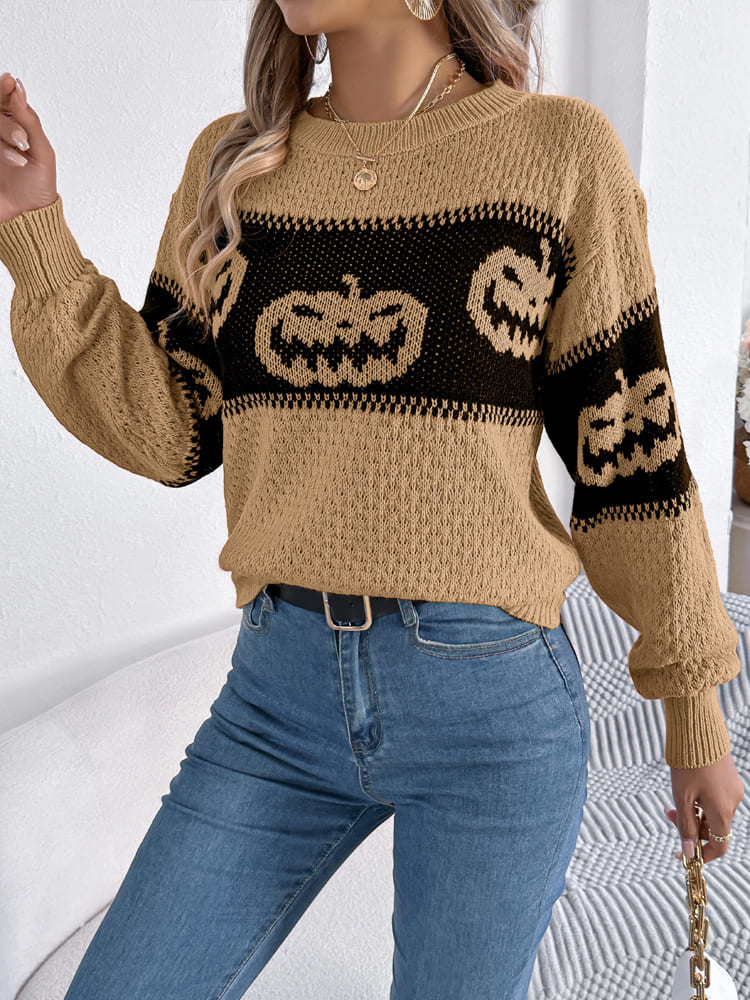 Halloween Pumpkin Head Color-Block Crew Neck Knit Sweater-ROVOLE