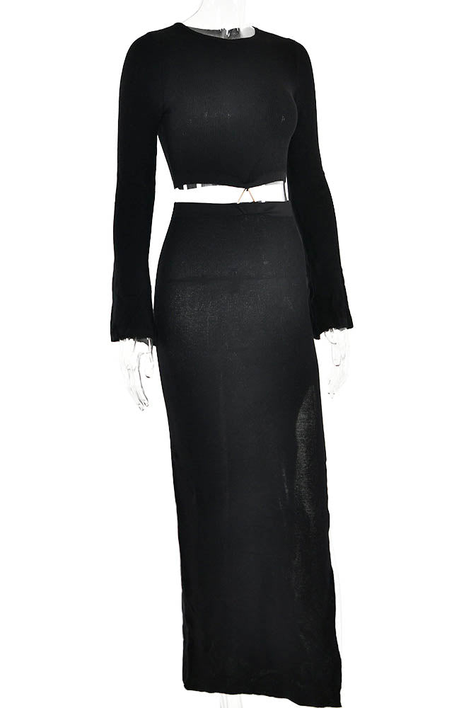 Crewneck Knit & Slit Skirt Set-ROVOLE