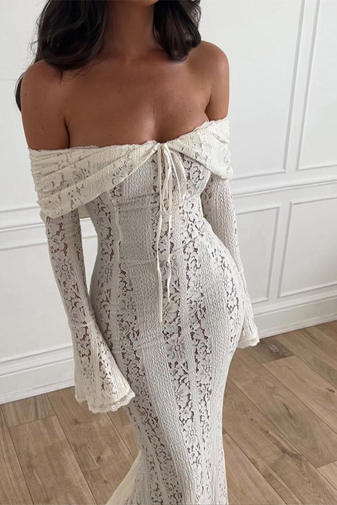 Lace Flared Sleeve off-Shoulder Dress-ROVOLE