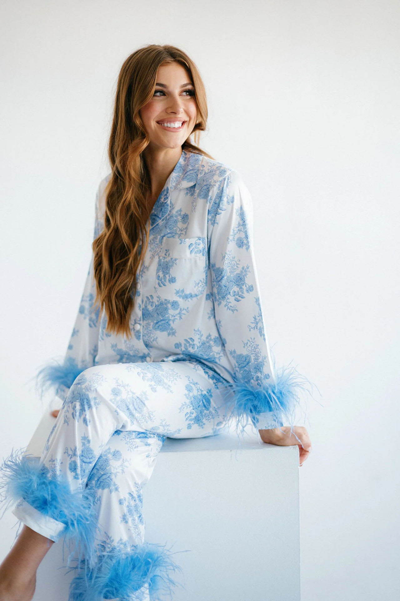 Blue Floral Print Satin Pajama Set-ROVOLE