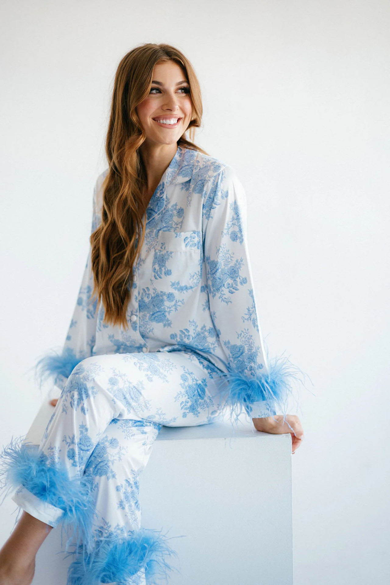 Blue Floral Print Satin Pajama Set-ROVOLE