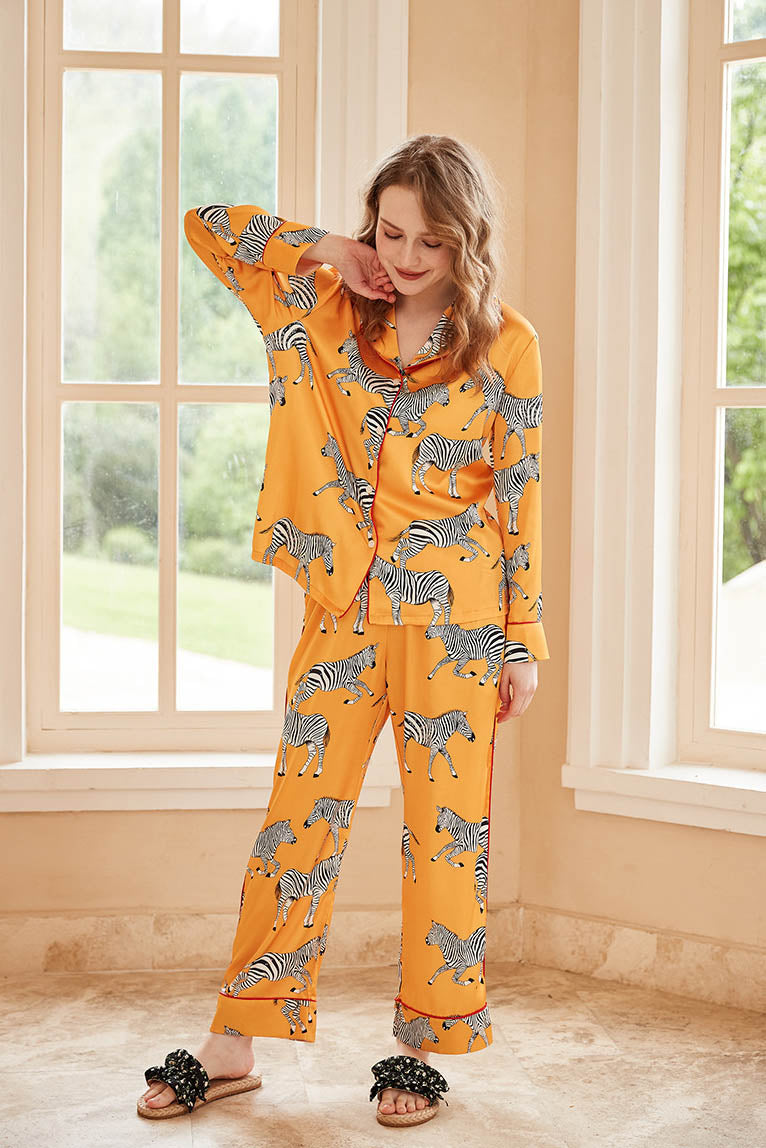 Zebra Print Long Sleeve Loungewear Set - Yellow-ROVOLE