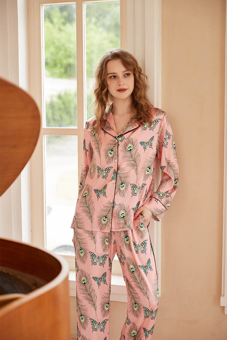 Phoenix Feather and Butterfly Print Long-Sleeve Pajama Set-ROVOLE
