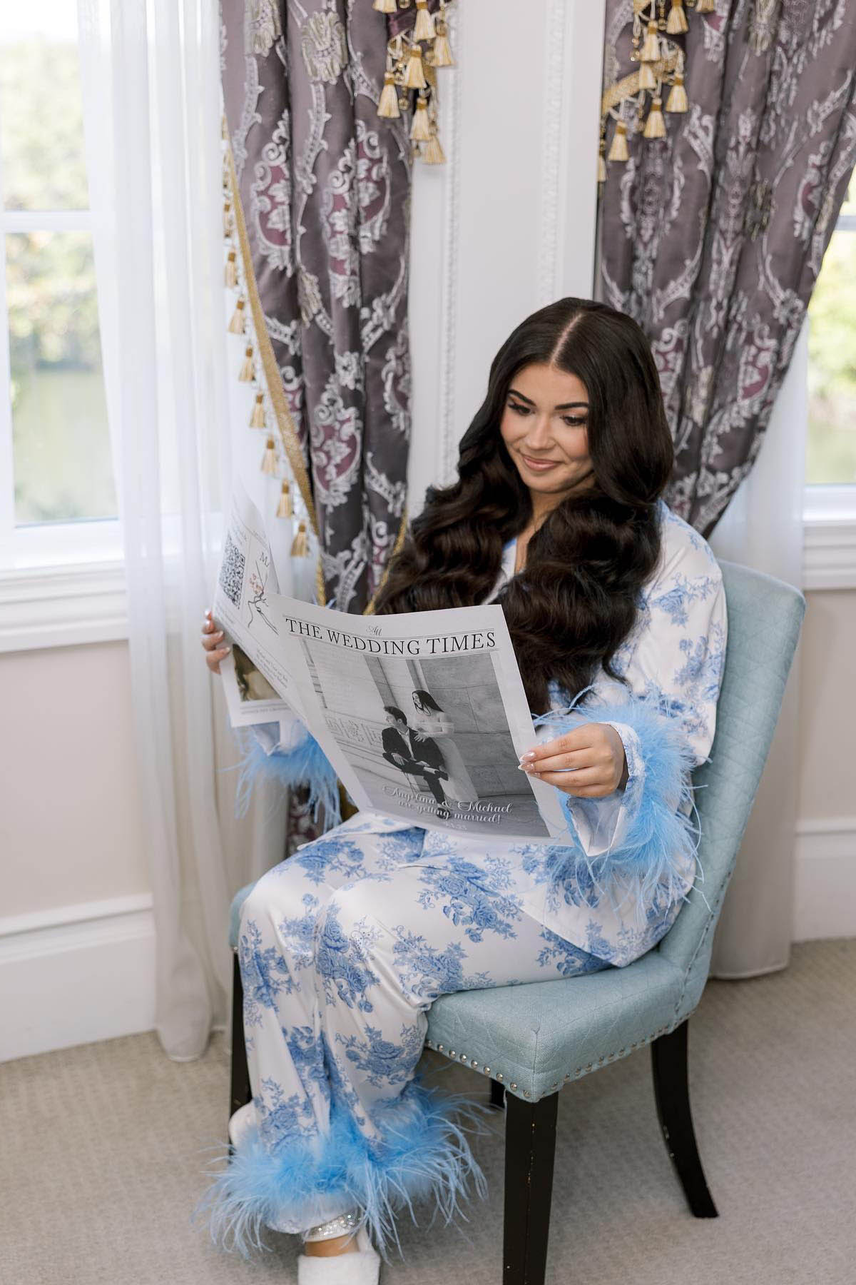 Blue Floral Print Satin Pajama Set-ROVOLE