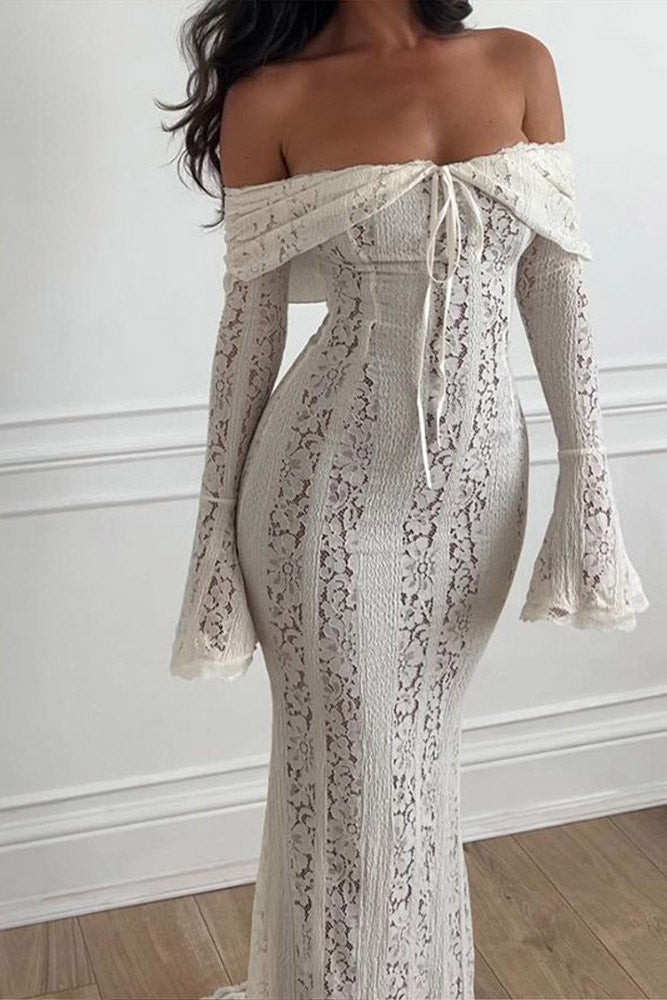 Lace Flared Sleeve off-Shoulder Dress-ROVOLE