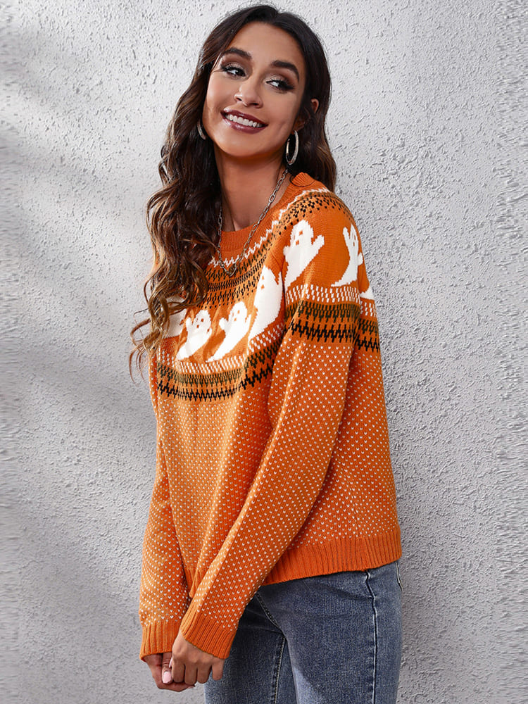 Literary Retro Ghost Pattern  Round Neck Knitted Sweater-ROVOLE