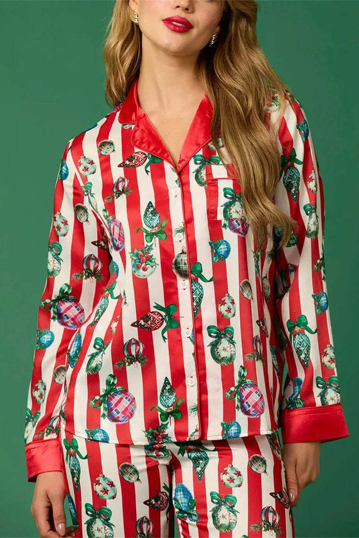 Christmas Festive Stripe Print Pajama Set-ROVOLE
