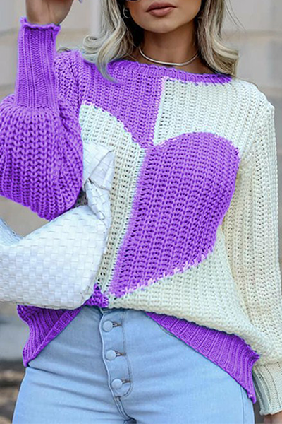 Casual Patchwork  Contrast O Neck Tops Sweater-ROVOLE