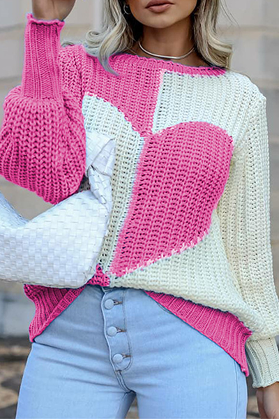 Casual Patchwork  Contrast O Neck Tops Sweater-ROVOLE