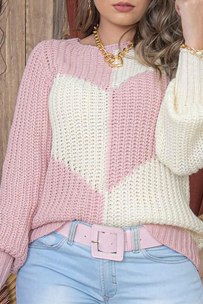 Casual Patchwork  Contrast O Neck Tops Sweater-ROVOLE