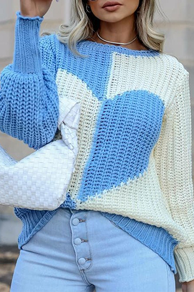 Casual Patchwork  Contrast O Neck Tops Sweater-ROVOLE