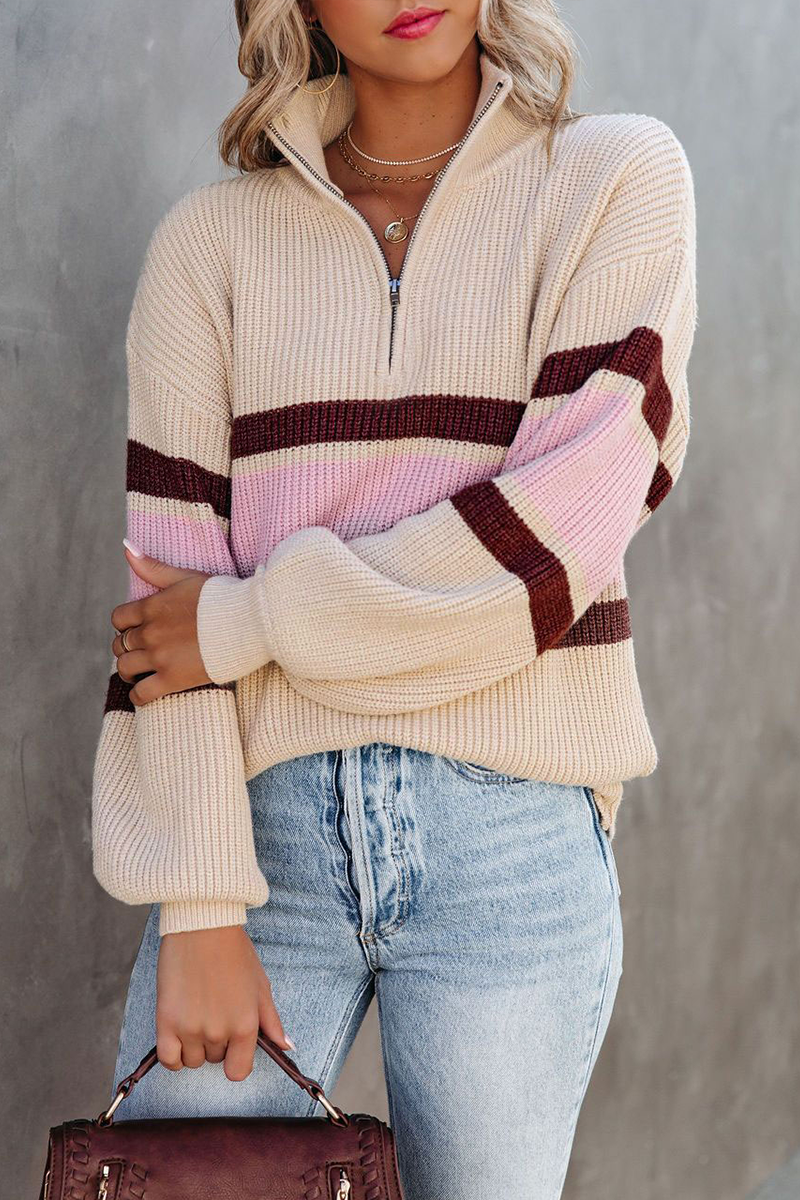 Casual Solid Patchwork Zipper Collar Sweaters(5 Colors)-ROVOLE