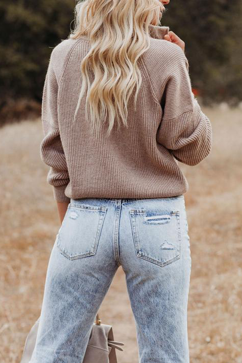 Casual Solid Patchwork Zipper Collar Sweaters(5 Colors)-ROVOLE