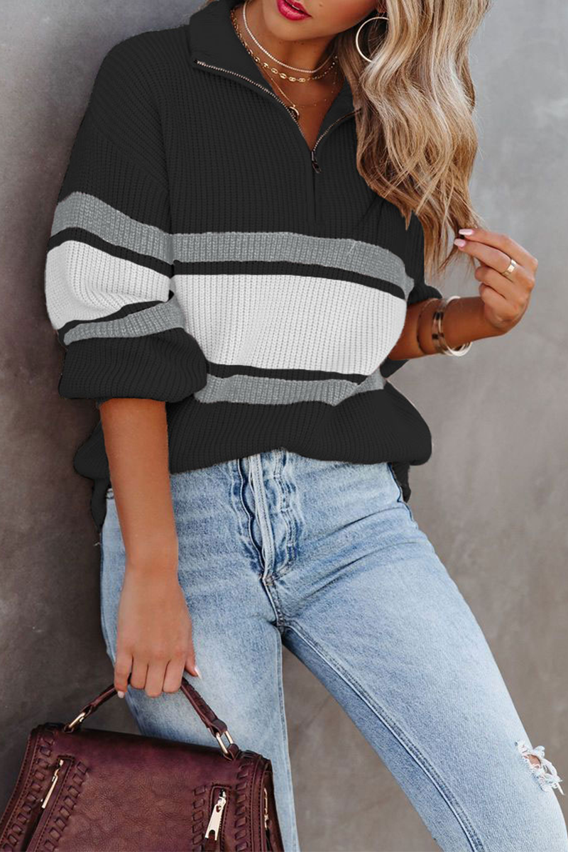 Casual Solid Patchwork Zipper Collar Sweaters(5 Colors)-ROVOLE