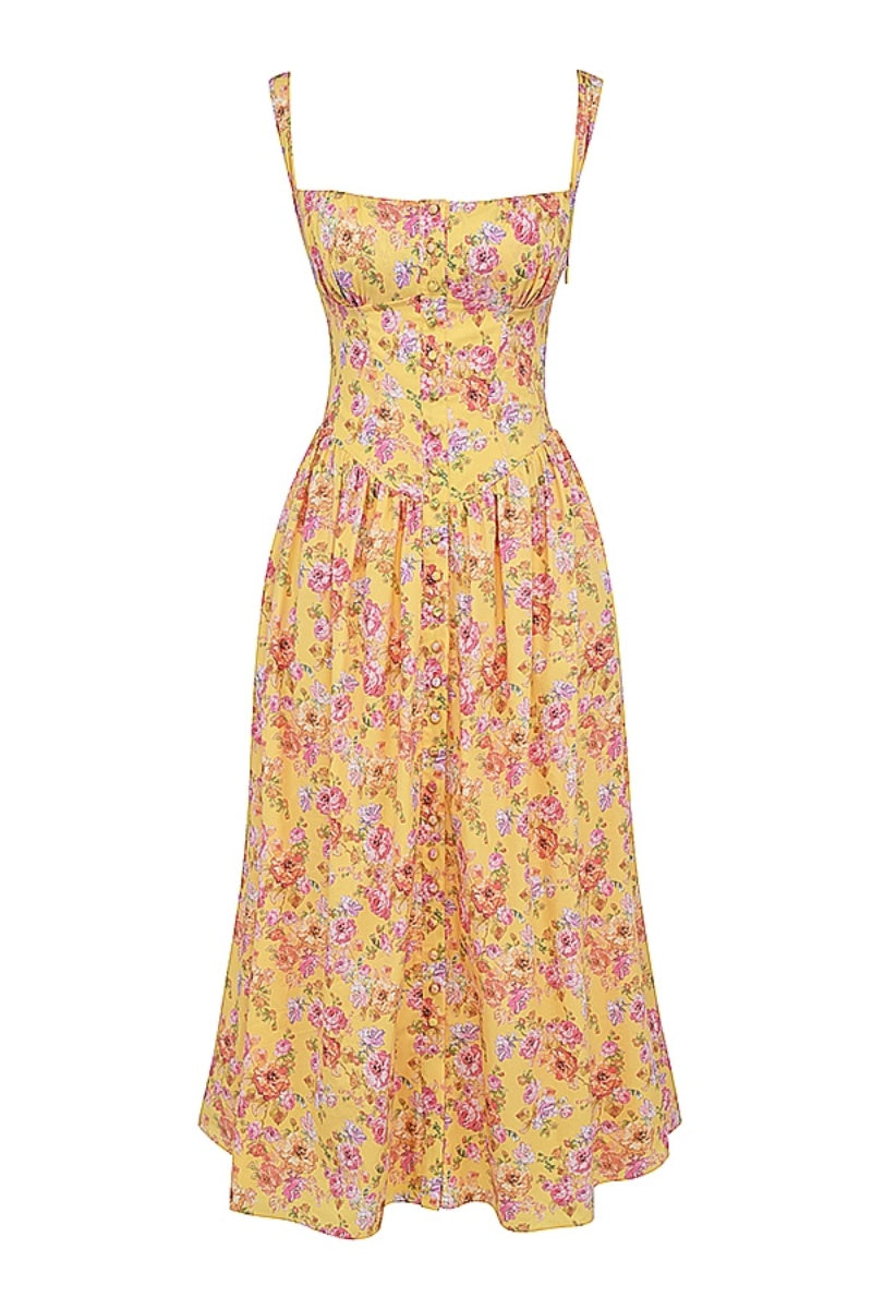 Tatiana Yellow Floral Print Midi Dress-ROVOLE