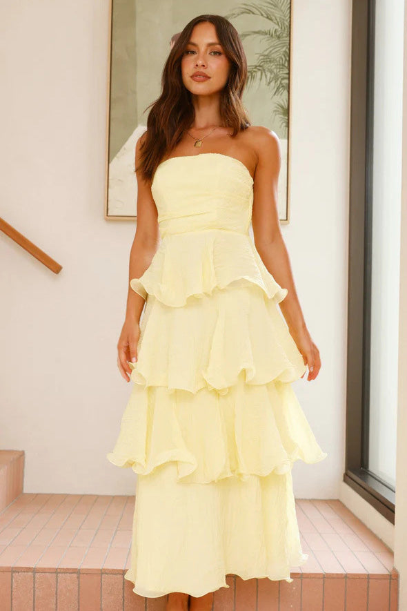 Sexy Chic Strapless Backless Tiered Midi Dress-ROVOLE
