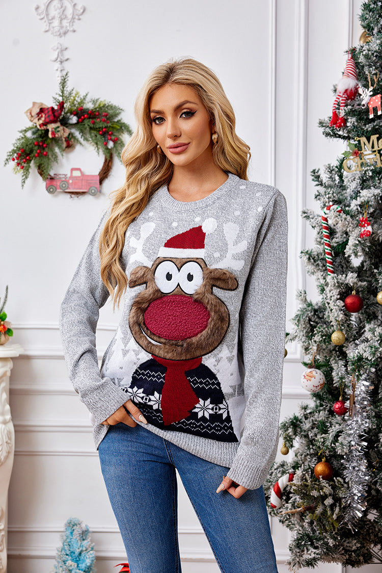 Christmas Reindeer Embroidery Knit Sweater-ROVOLE