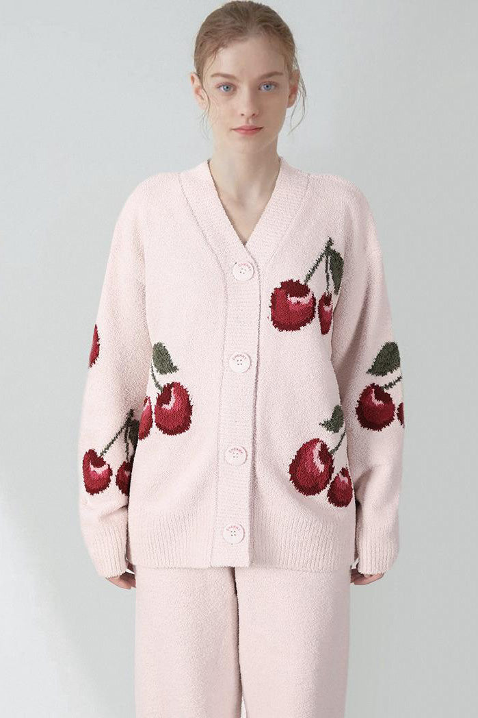 Soft Half Velvet Cherry Cardigan Pajama Set-ROVOLE