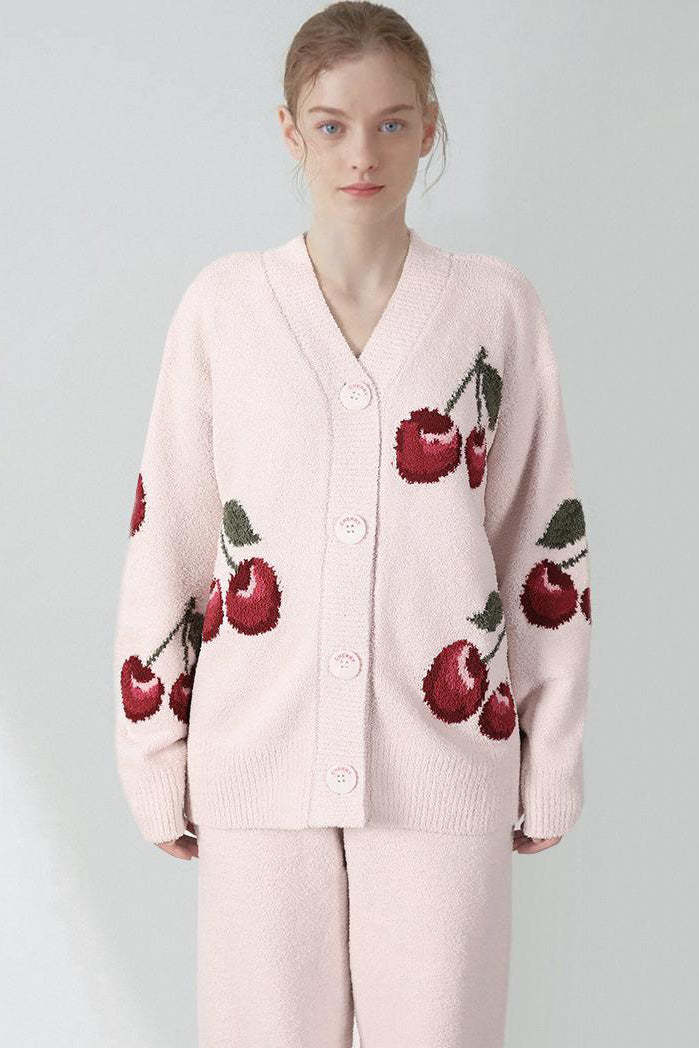 Soft Half Velvet Cherry Cardigan Pajama Set-ROVOLE