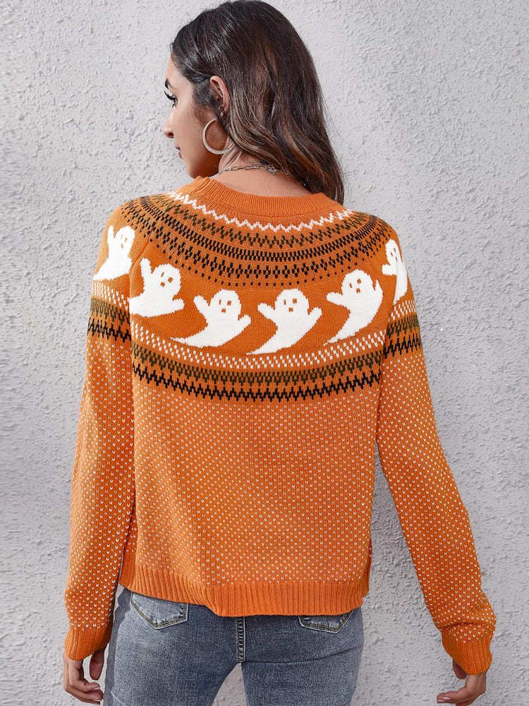 Literary Retro Ghost Pattern  Round Neck Knitted Sweater-ROVOLE