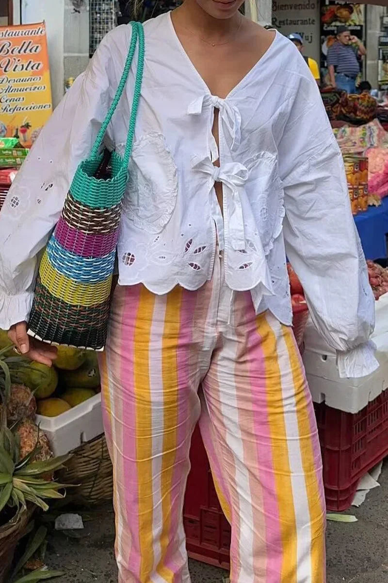 Hearts Embroidered White Blouse-ROVOLE