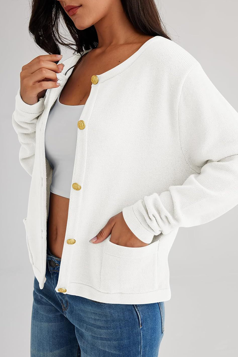 Casual Daily Solid Color Pocket Buttons O Neck Outerwear(3 Colors)-ROVOLE