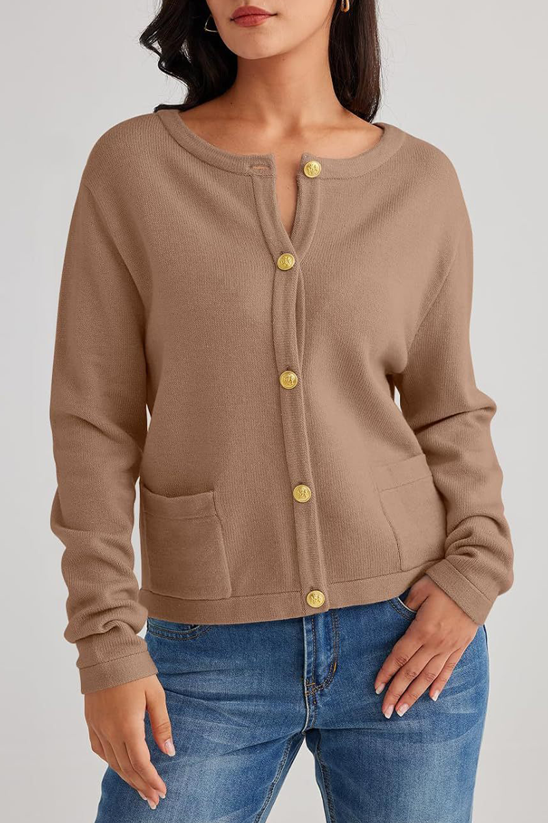 Casual Daily Solid Color Pocket Buttons O Neck Outerwear(3 Colors)-ROVOLE