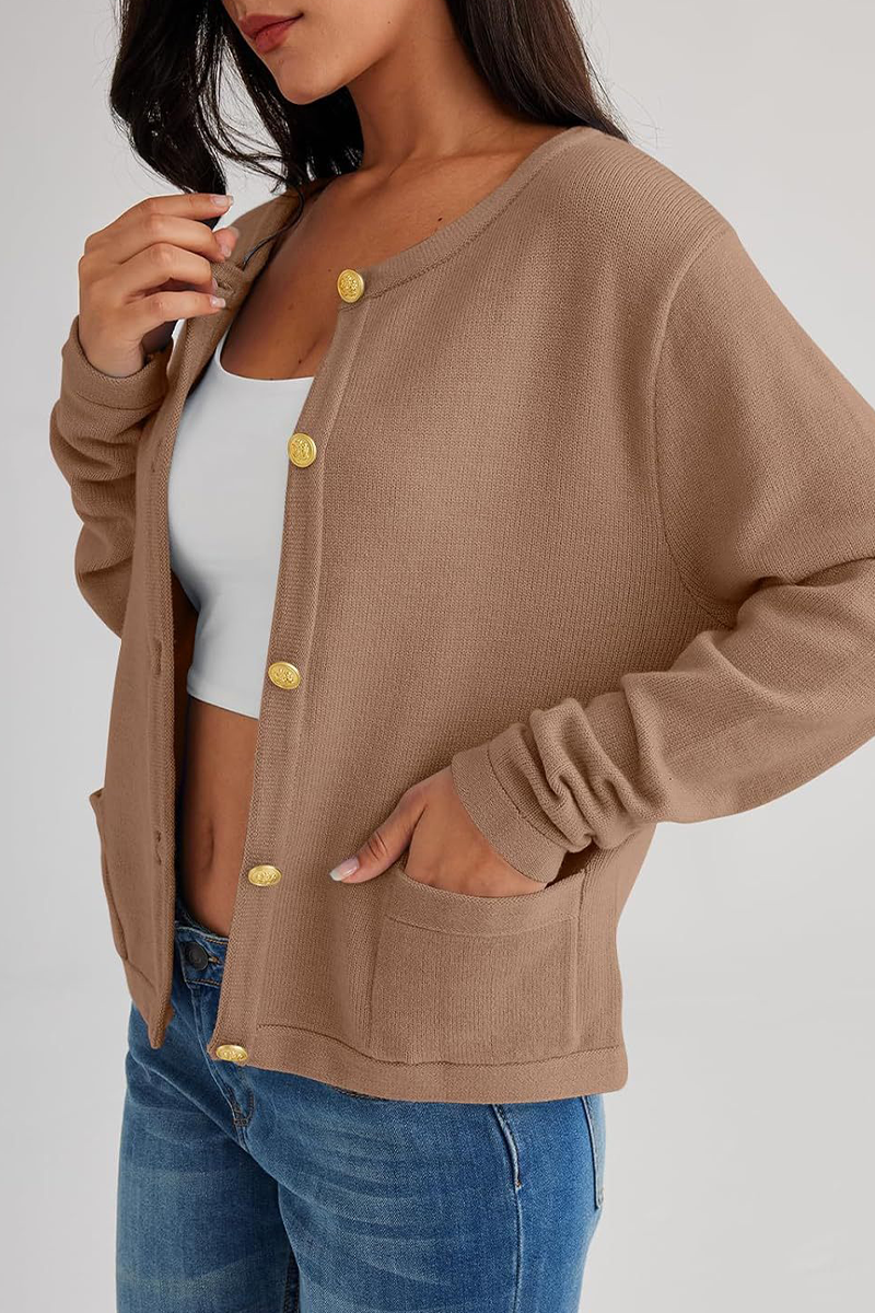 Casual Daily Solid Color Pocket Buttons O Neck Outerwear(3 Colors)-ROVOLE