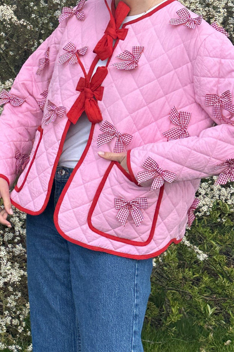 Casual Daily Solid Color Pocket Bow Decor O Neck Outerwear-ROVOLE