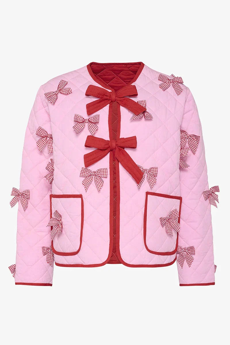 Casual Daily Solid Color Pocket Bow Decor O Neck Outerwear-ROVOLE