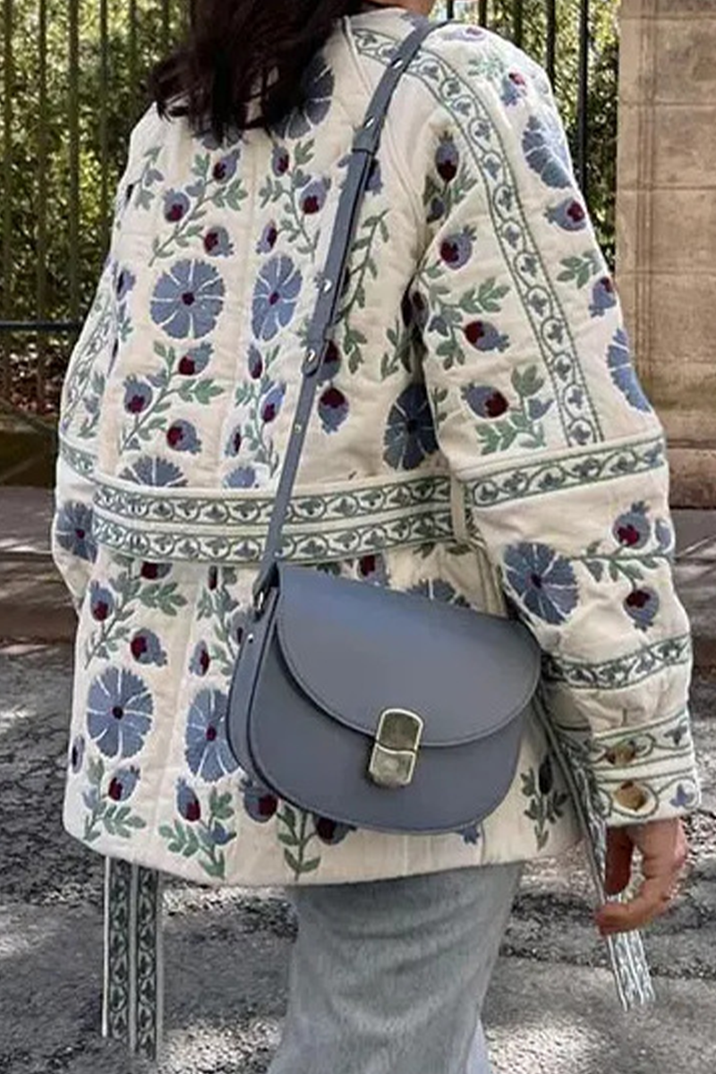 Casual Street Flowers Lace Up Buttons Patchwork O Neck Outerwear-ROVOLE