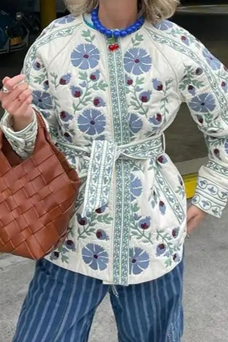 Casual Street Flowers Lace Up Buttons Patchwork O Neck Outerwear-ROVOLE