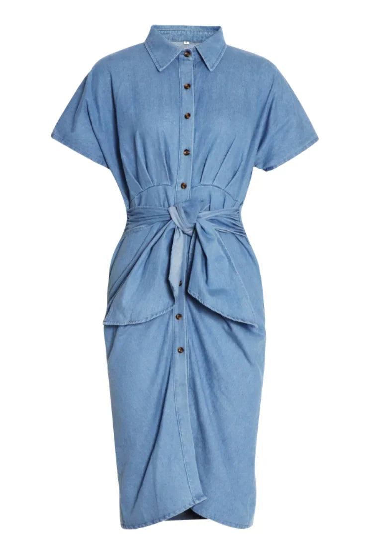 Gina Gathered Knotted Denim Midi Shirt Dress-ROVOLE