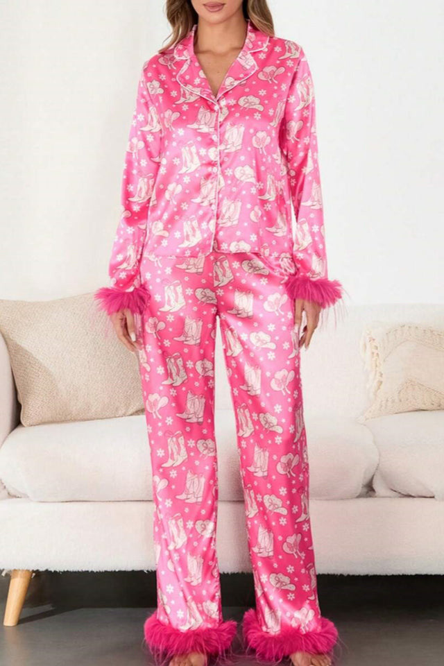 Boot & Feather Print Satin Pajama Set-ROVOLE