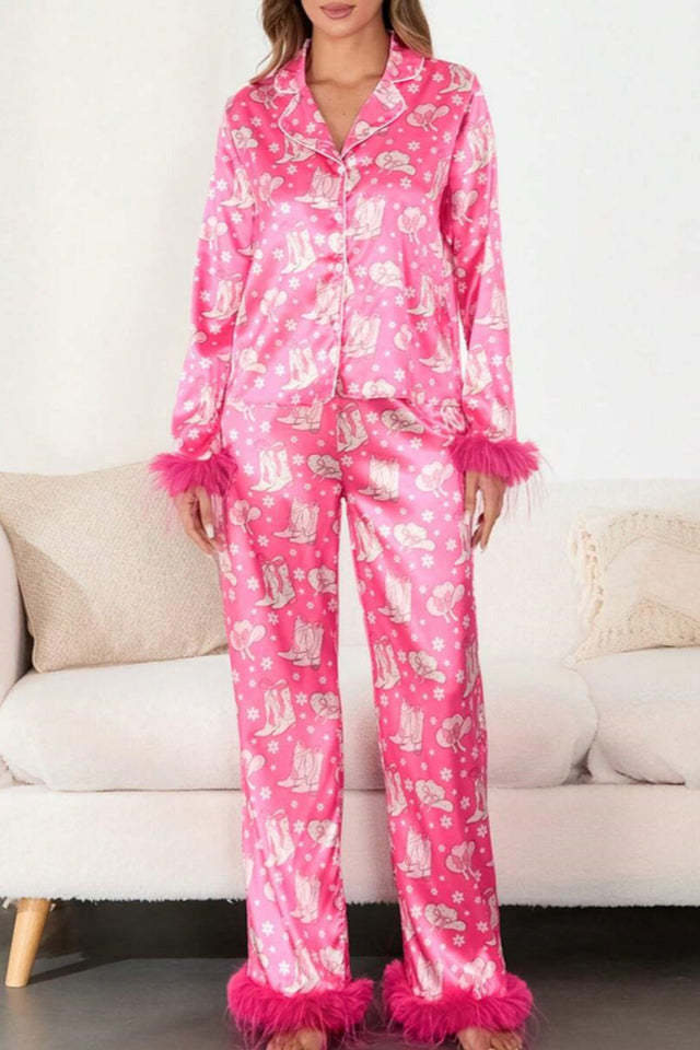 Boot & Feather Print Satin Pajama Set-ROVOLE