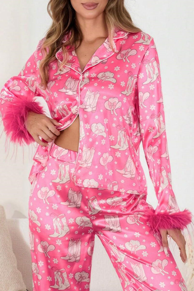 Boot & Feather Print Satin Pajama Set-ROVOLE
