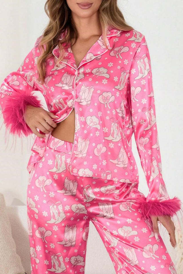 Boot & Feather Print Satin Pajama Set-ROVOLE