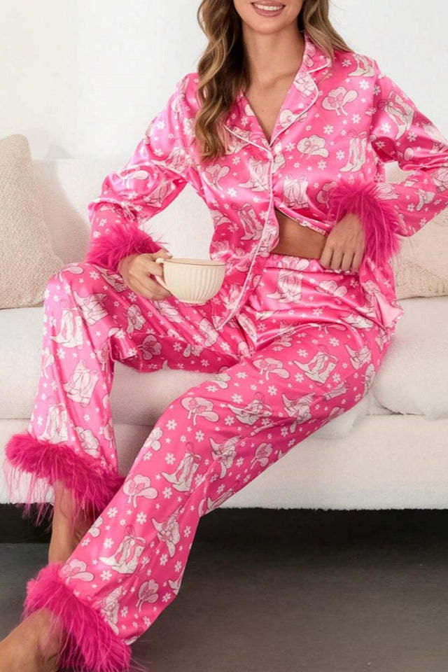 Boot & Feather Print Satin Pajama Set-ROVOLE