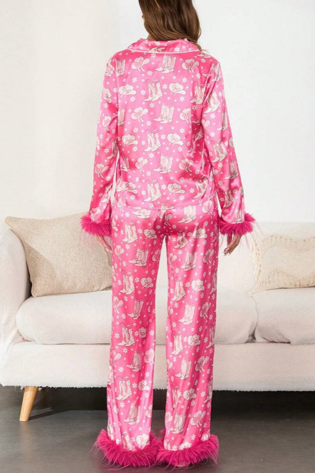 Boot & Feather Print Satin Pajama Set-ROVOLE