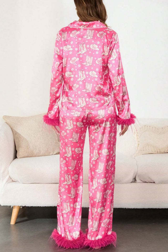Boot & Feather Print Satin Pajama Set-ROVOLE