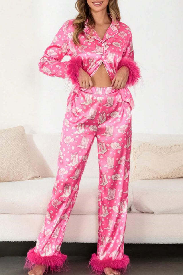 Boot & Feather Print Satin Pajama Set-ROVOLE