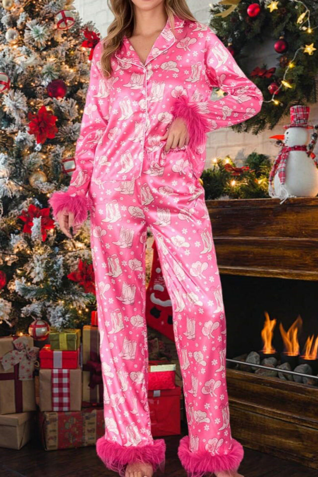 Boot & Feather Print Satin Pajama Set-ROVOLE