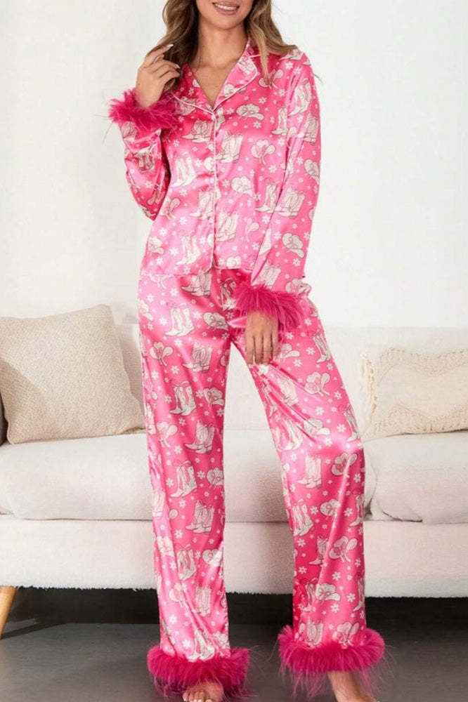 Boot & Feather Print Satin Pajama Set-ROVOLE