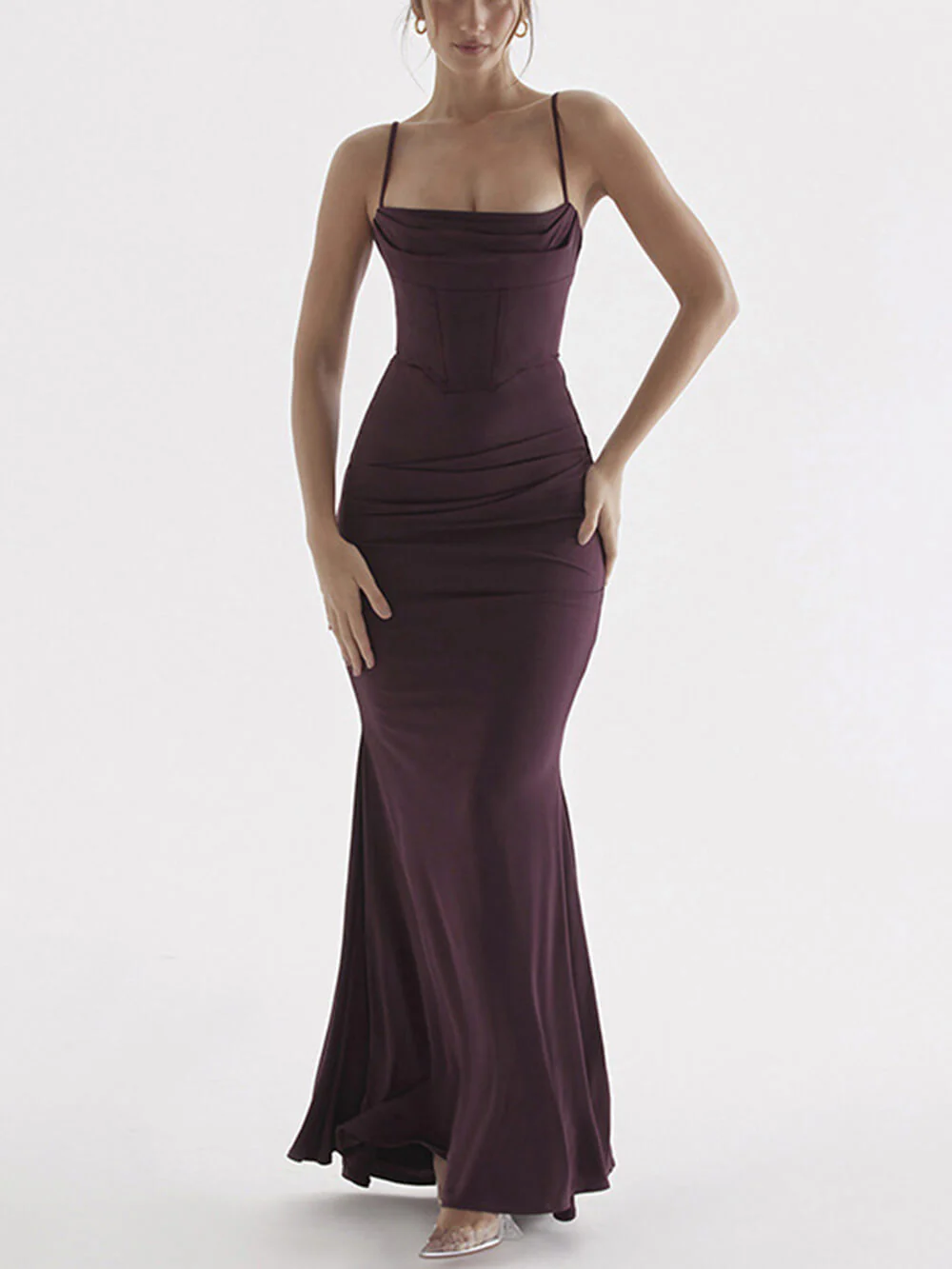 Square Neck Ruched Corset Fishtail Evening Maxi Dress-ROVOLE