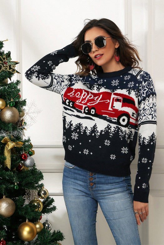 Snowflake and Truck Print Christmas Sweater-ROVOLE