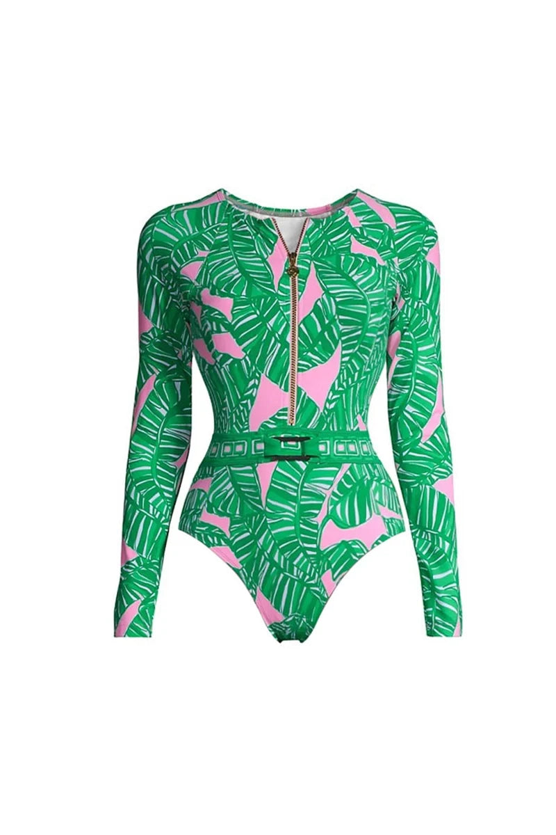 Green Zip-Up Floral Surf Set-ROVOLE