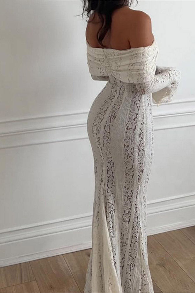 Lace Flared Sleeve off-Shoulder Dress-ROVOLE